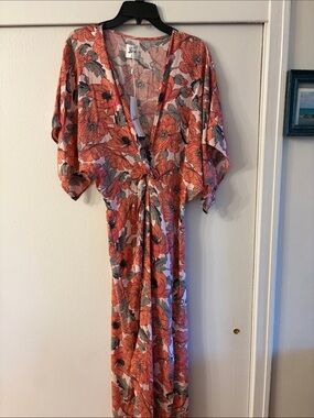 Floral V-Neck Orange Swim Coverup Kimono